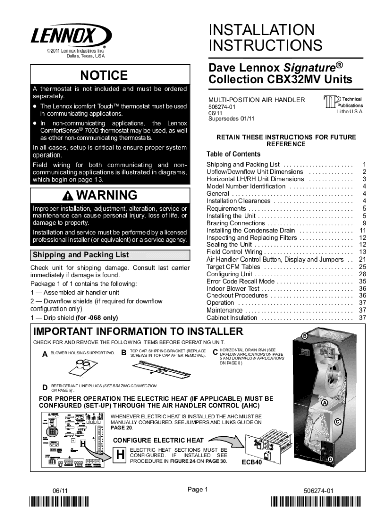 Fillable Online Lennox, MultiPosition Air Handler, DLSC, CBX32MV, 5
