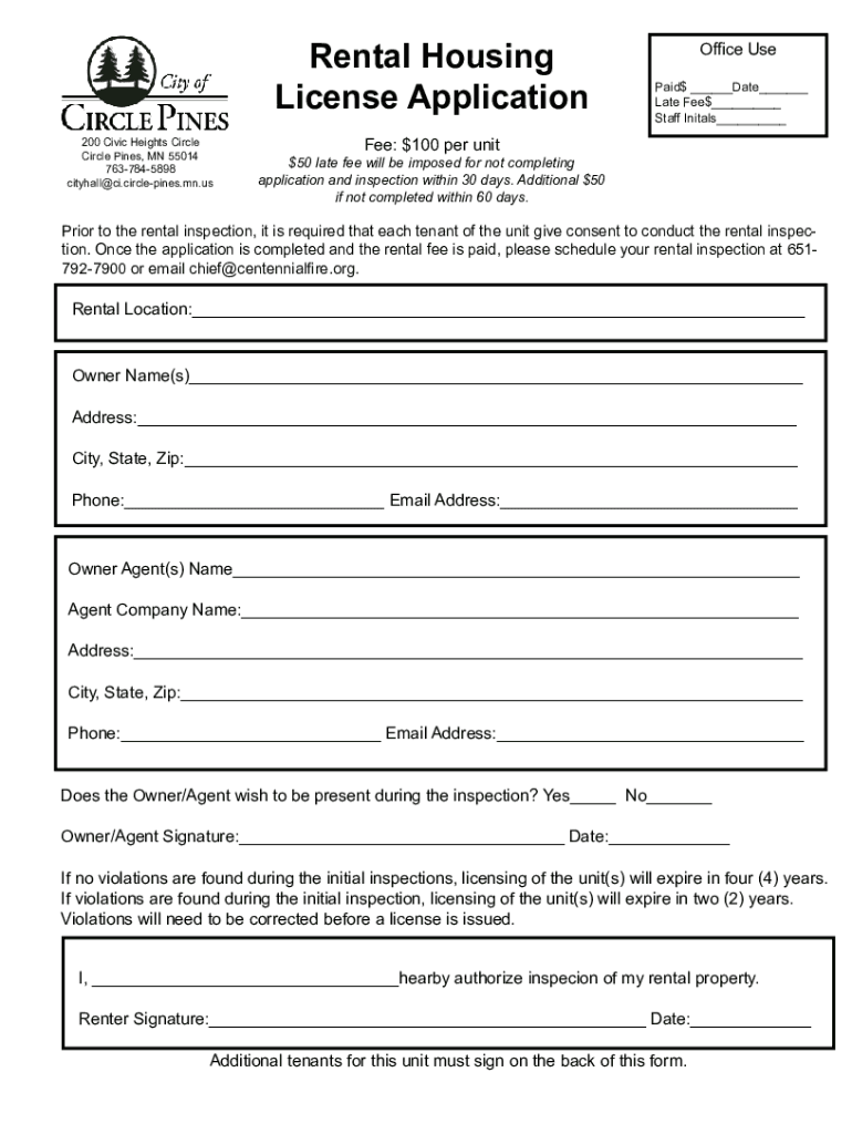 Fillable Online Rental Housing License Application Circle Pines, Minnesota Fax Email Print