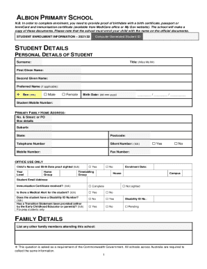Fillable Online Student Enrolment Form - Albion Primary School Fax ...