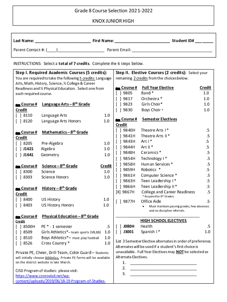 Fillable Online 8th Grade Course Selection Worksheet.xlsx Katy ISD