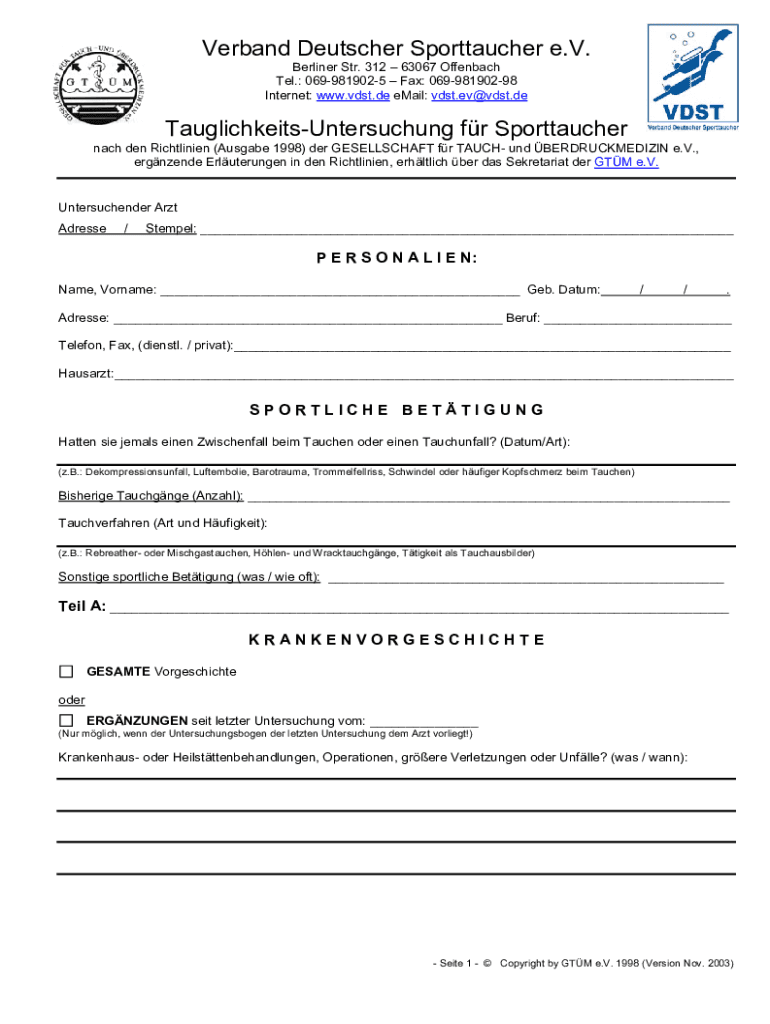 Downloads - Tauchtauglichkeit Tauchtauglichkeit Untersuchungsbogen nach den Richtlinien der GTM e V Preview on Page 1