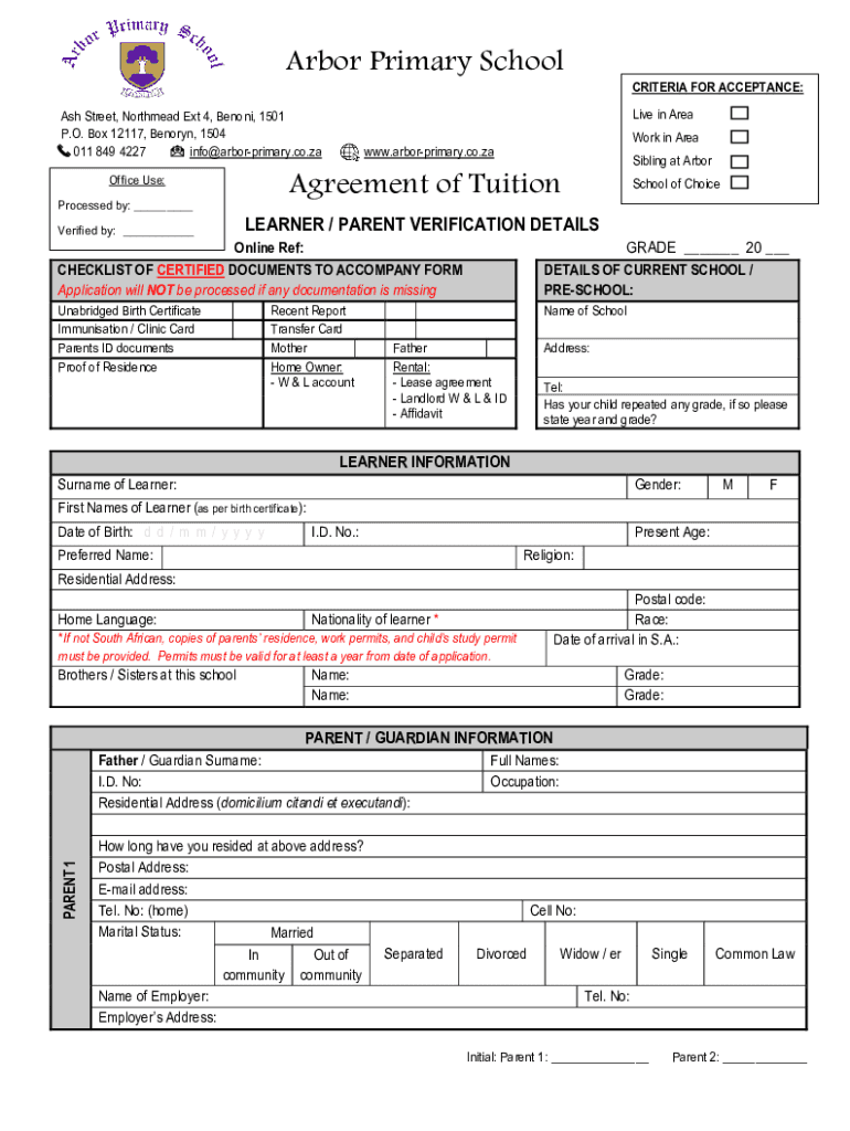 Arbor Primary School Agreement of Tuition Preview on Page 1