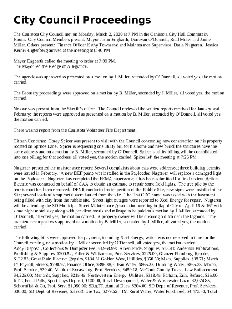 Meet Our Mayor and Council City of Canistota, SD Doc Template pdfFiller