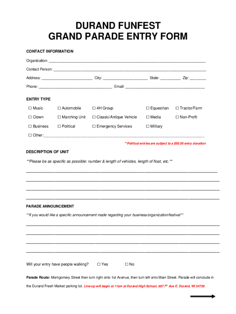 Fillable Online DURAND FUNFEST GRAND PARADE ENTRY FORM Fax Email Print pdfFiller