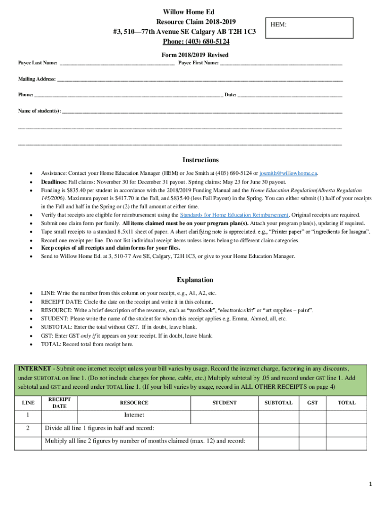 Fillable Online Forms for Willow Home Ed Home Education Alberta Fax
