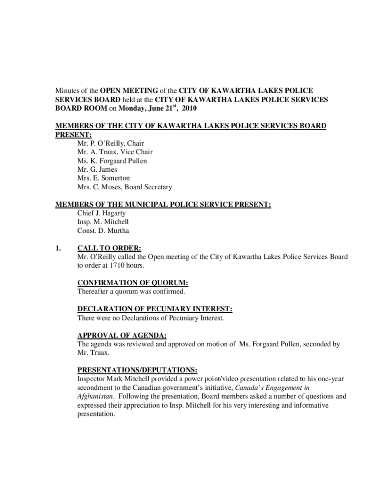 Fillable Online Police Services Board North Kawartha Township Fax