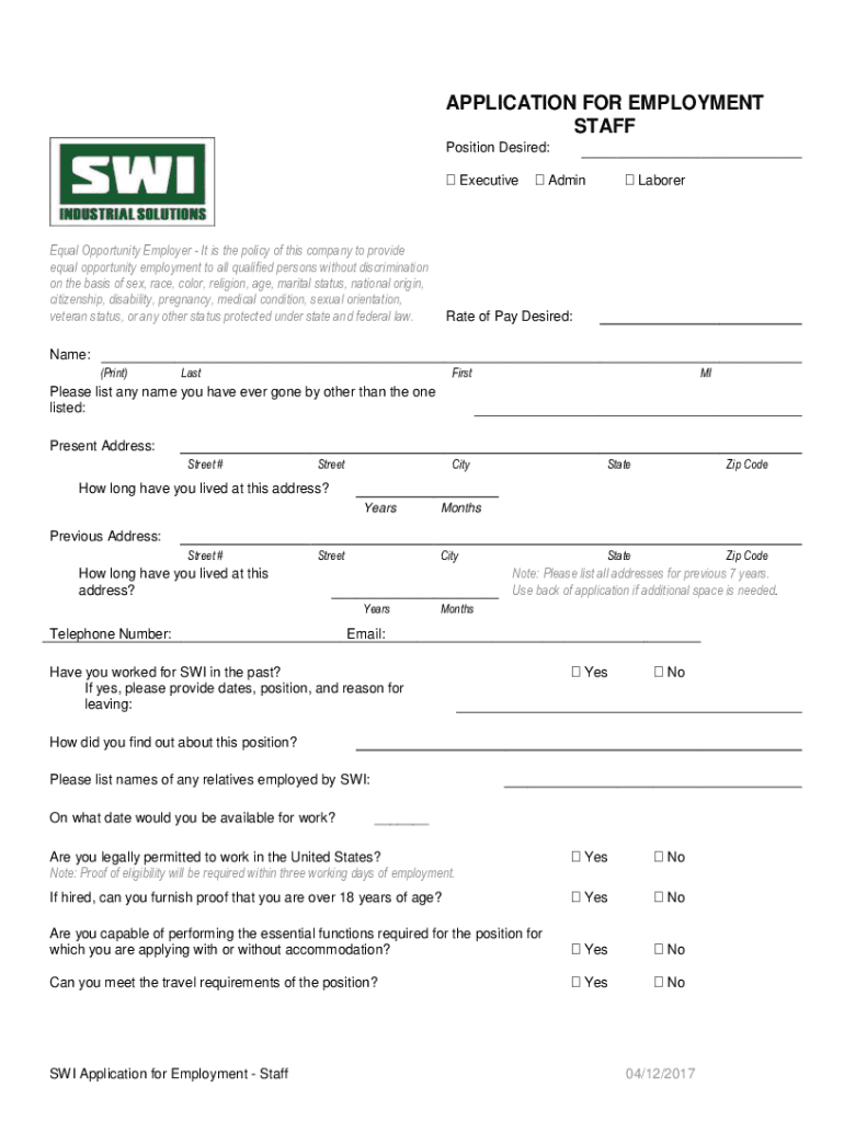 Fillable Online APPLICATION FOR EMPLOYMENT STAFF SWI Industrial