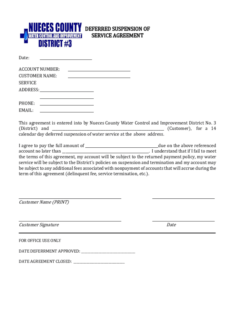 Fillable Online DEFERRED SUSPENSION OF SERVICE AGREEMENT Fax Email