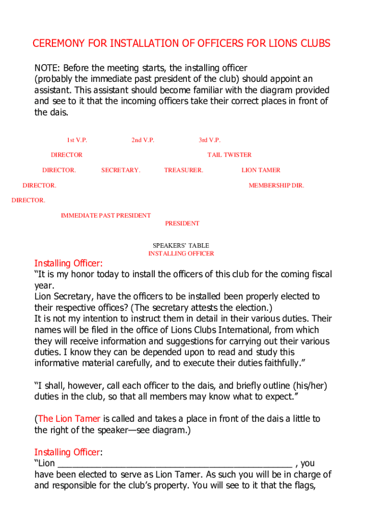 Fillable Online ceremony for the installation of club officers - e ...