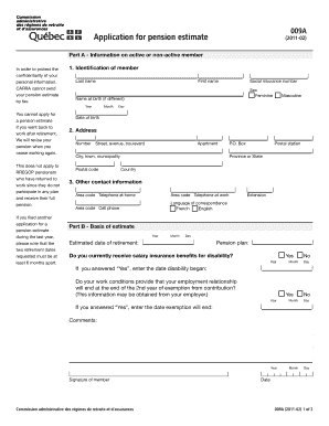 Formulaire de demande d'estimation de pension 009A