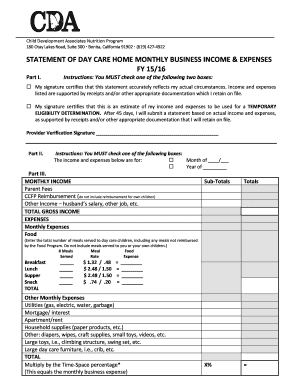 Day Care Home Monthly Business Income & Expenses