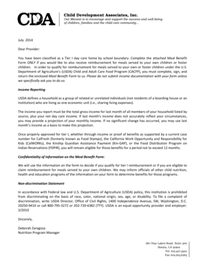 Meal Benefit Form for Tier I Providers