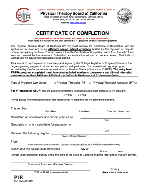 California Physical Therapy Certificate of Completion
