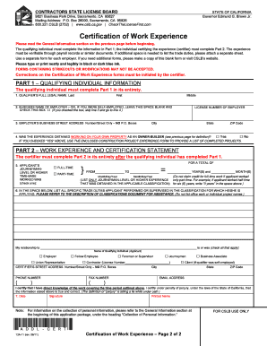 California Contractor License Work Experience Certification