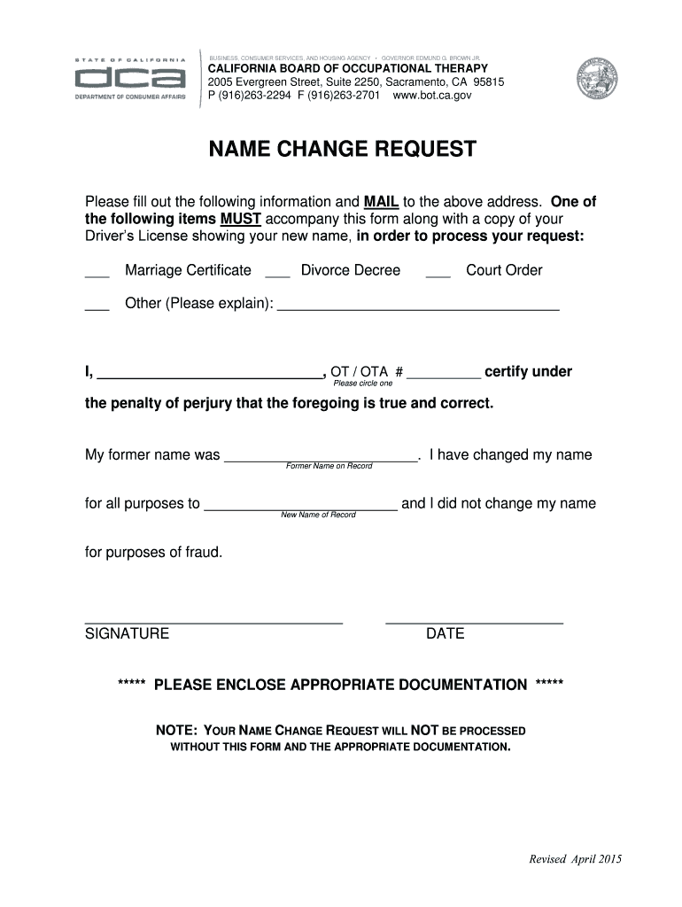 Fillable Online bot ca NAME CHANGE REQUEST Occupational therapy Fax