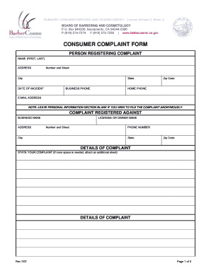 California Consumer Complaint Form