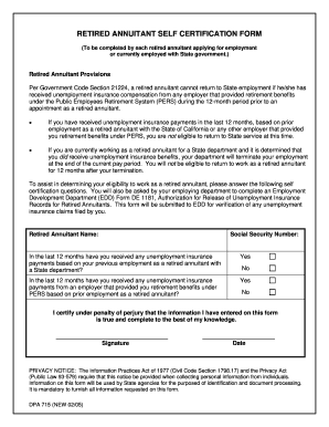 Retired Annuitant Self Certification Form