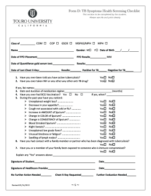 Tuberculosis Health Screening Checklist