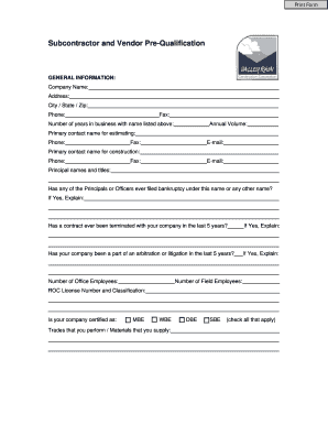 Subcontractor and Vendor Pre-Qualification Form
