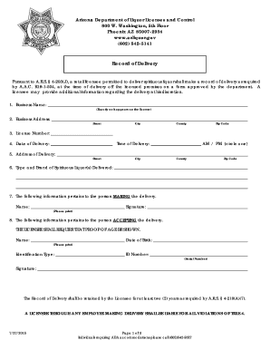 Arizona Spirituous Liquor Delivery Record