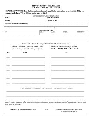 Affidavit of Reconstruction for Salvage Motor Vehicle