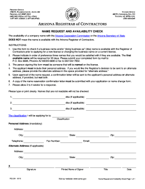 Arizona Contractor Name Request Form