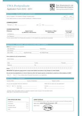 University of Western Australia Postgraduate Application Form