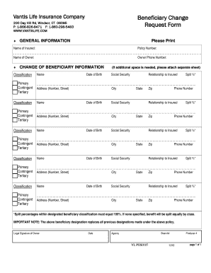 Vantis Life Insurance Beneficiary Change Form