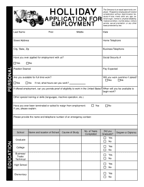 Holliday Employment Application Form