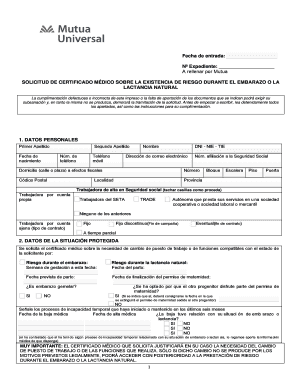 Solicitud de Certificado Médico sobre la Existencia de Riesgo durante el Embarazo o la Lactancia Natural