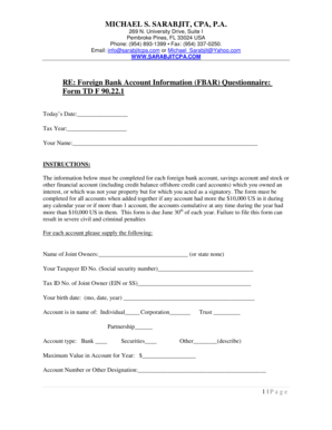 Foreign Bank Account Information (FBAR) Questionnaire