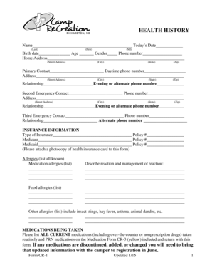 Health History Form for Camp Attendance