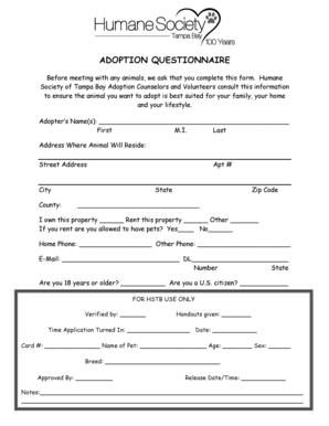 Humane Society of Tampa Bay Adoption Questionnaire