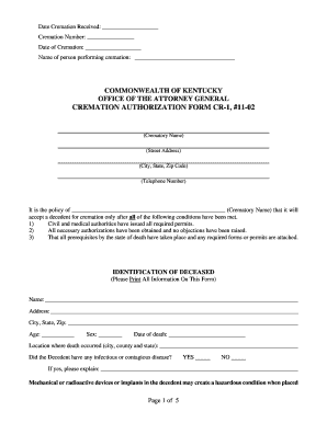Kentucky Cremation Authorization Form