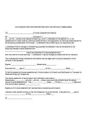 Authorization for Disposition with or without Embalming