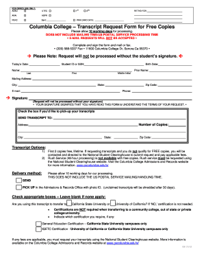 Columbia College Transcript Request Form