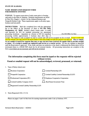 Alabama Domestic Entity Name Reservation Request Form