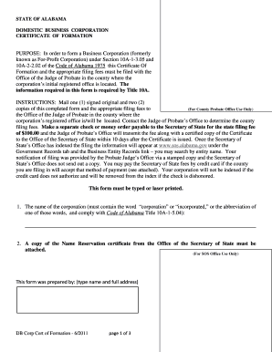 Alabama Domestic Business Corporation Certificate of Formation