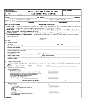 Alabama Affidavit of Substantial Hardship and Order