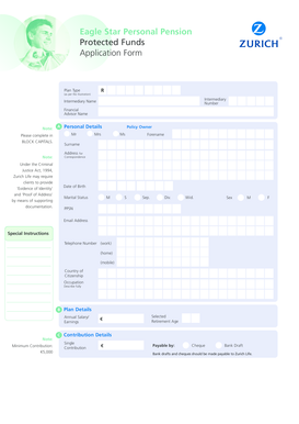 Eagle Star Personal Pension Protected Funds Application Form