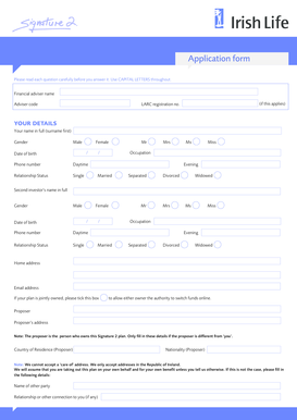 Irish Life Investment Application Form