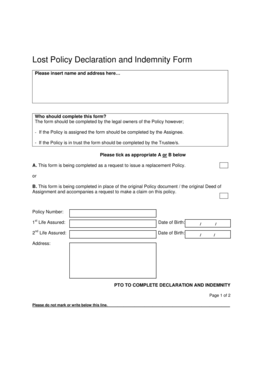 Lost Policy Declaration and Indemnity Form