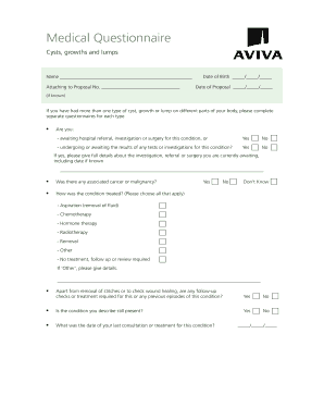 Medical Questionnaire for Cysts Growths and Lumps