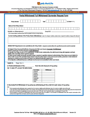 PNB MetLife Partial Withdrawal Full Withdrawal Surrender Request Form
