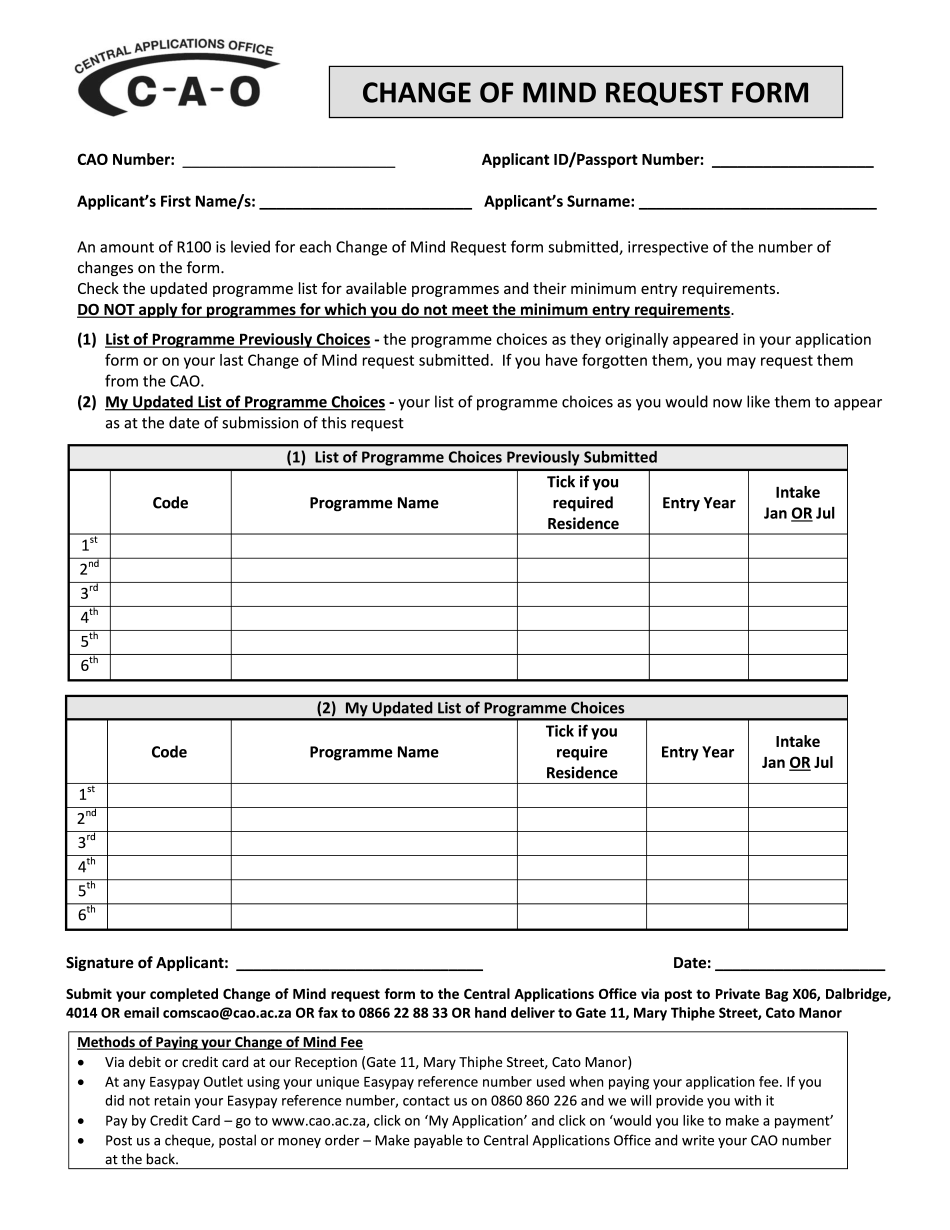 Quick Cao Change Of Mind Form Fillout