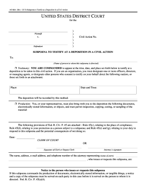 US Federal Subpoena to Testify at a Deposition in a Civil Action