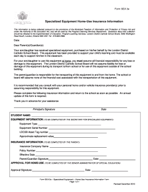 Specialized Equipment Home-Use Insurance Form