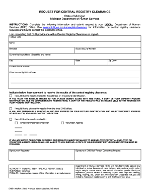Michigan Central Registry Clearance Request