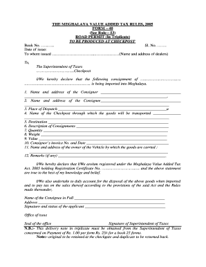 Meghalaya Value Added Tax Road Permit Form 40