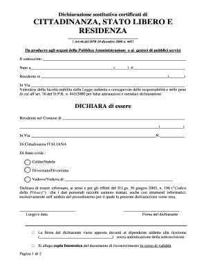 Dichiarazione sostitutiva certificati di Cittadinanza, Stato Libero e Residenza